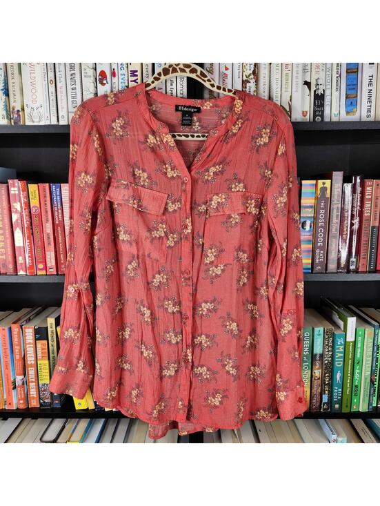 Tops - BYdesign Pink Floral Button Front Blouse Medium Like New Rayon Top